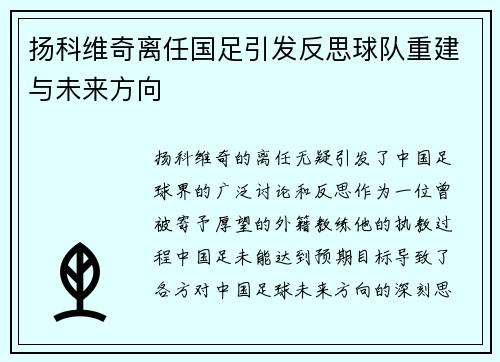 扬科维奇离任国足引发反思球队重建与未来方向