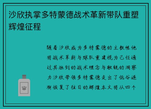 沙欣执掌多特蒙德战术革新带队重塑辉煌征程 沙欣执掌多特蒙德战术革新带队重塑辉煌征程