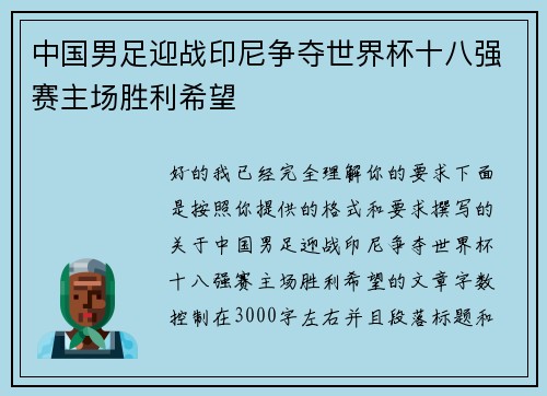 中国男足迎战印尼争夺世界杯十八强赛主场胜利希望